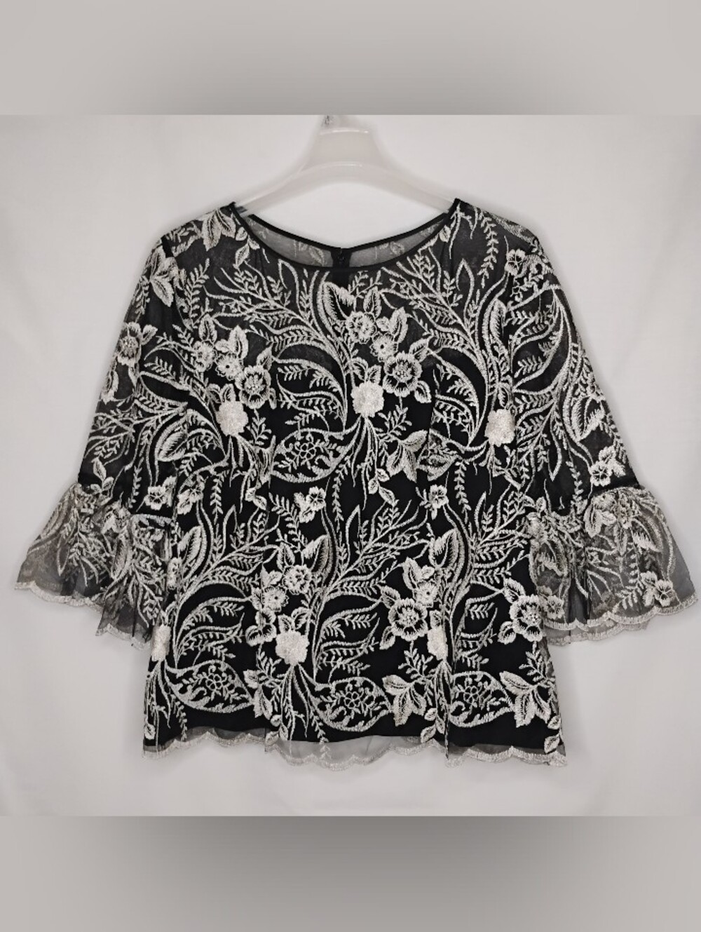 Women's Size 3X Alex Evenings Floral Embroidery Sheer Blouse 3/4 Bell Sleeve Top